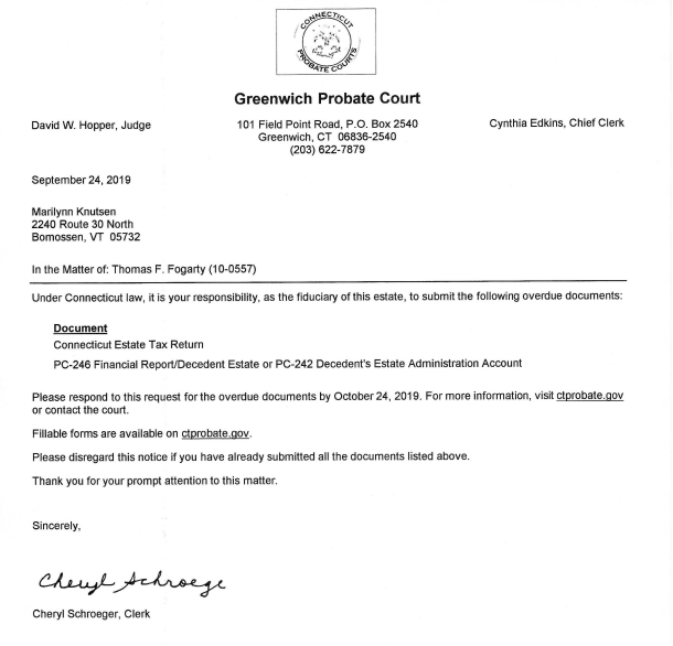 Connecticut Probate Court Issued Delinquency Notice to Marilynn Knutsen, Nine Years After Estate Opened